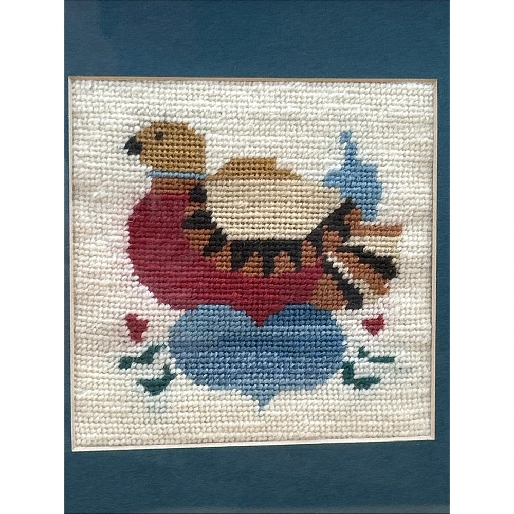 Vintage Cross Stitch Love Dove Bird 80s Teal Heart Framed Wood Wall Art 9